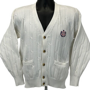 Vintage 80s La Mode Golf Cable Knit Cardigan Sweater Crest White Mens S Small